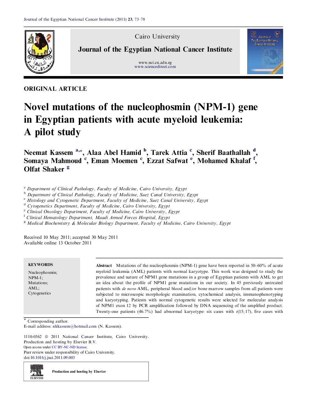 Novel mutations of the nucleophosmin (NPM-1) gene in Egyptian patients with acute myeloid leukemia: A pilot study