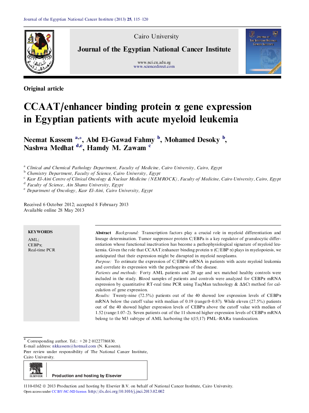 عکس صفحه اول مقاله: CCAAT/enhancer binding protein α gene expression in Egyptian patients with acute myeloid leukemia CCAAT/enhancer binding protein α gene expression in Egyptian patients with acute myeloid leukemia