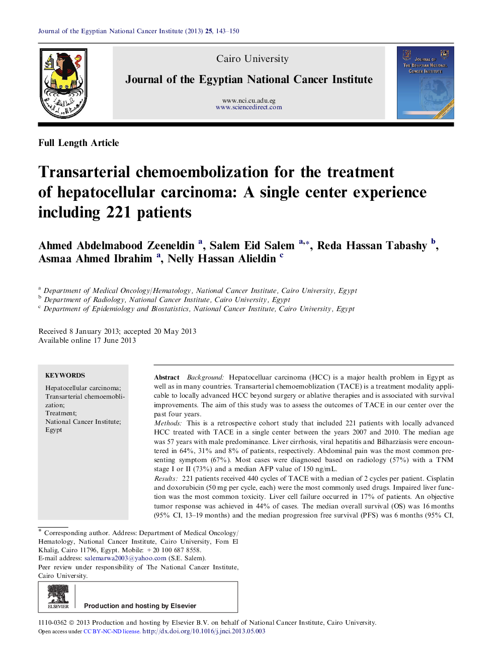 Transarterial chemoembolization for the treatment of hepatocellular carcinoma: A single center experience including 221 patients 