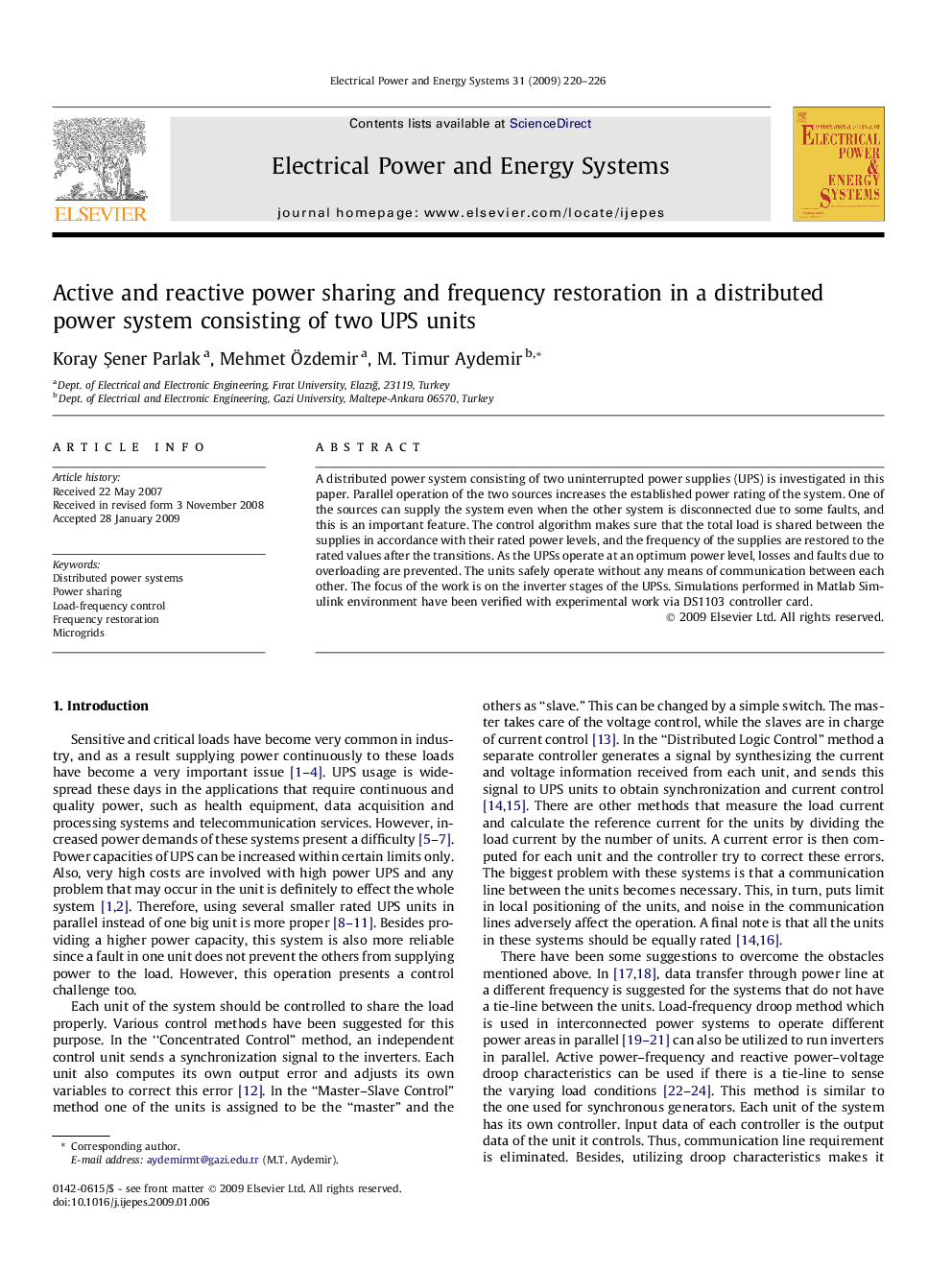 Active and reactive power sharing and frequency restoration in a distributed power system consisting of two UPS units