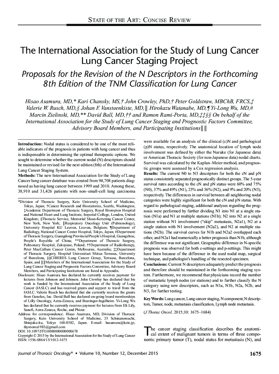 The International Association for the Study of Lung Cancer Lung Cancer Staging Project : Proposals for the Revision of the N Descriptors in the Forthcoming 8th Edition of the TNM Classification for Lung Cancer