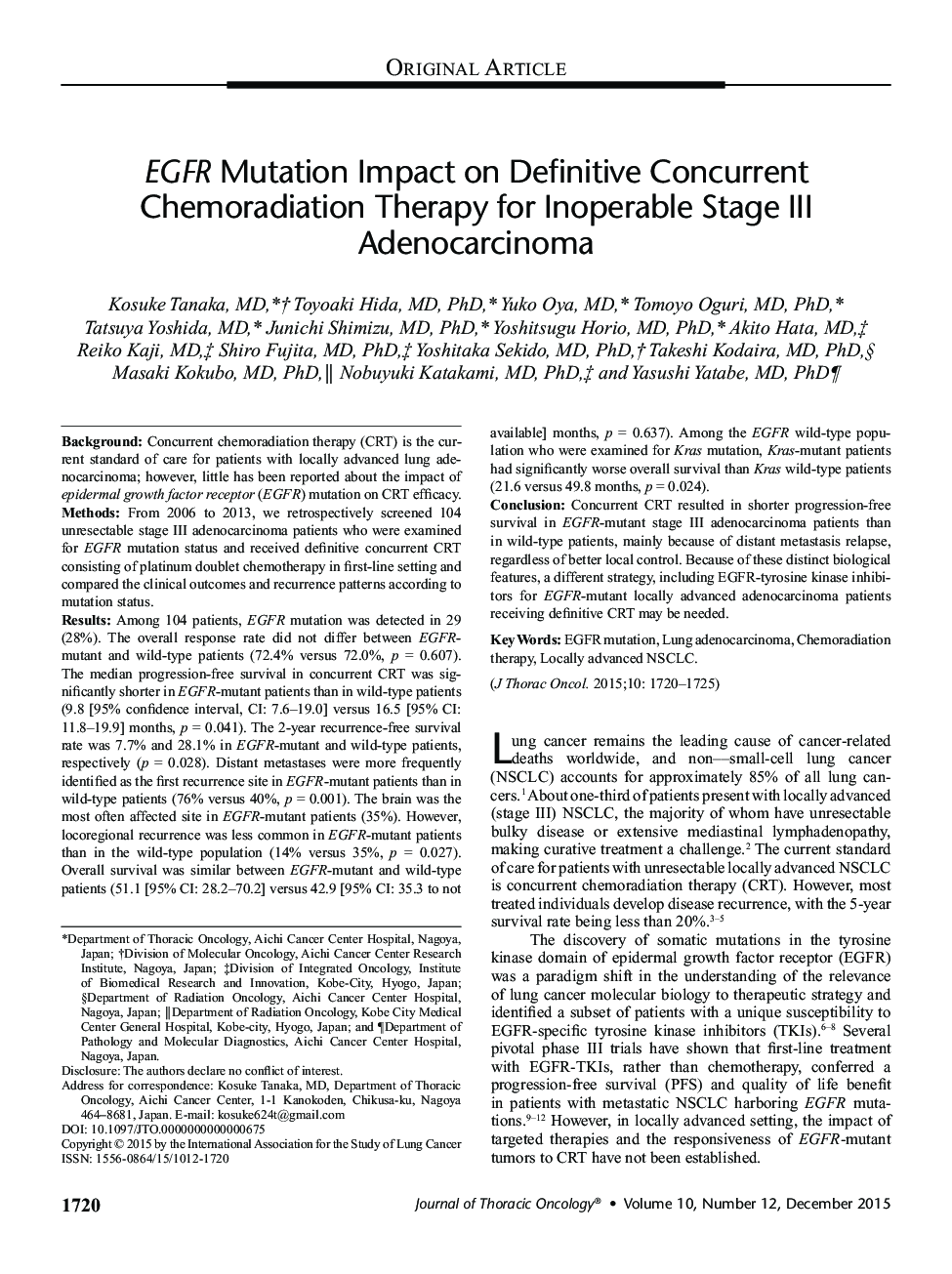 EGFR Mutation Impact on Definitive Concurrent Chemoradiation Therapy for Inoperable Stage III Adenocarcinoma 