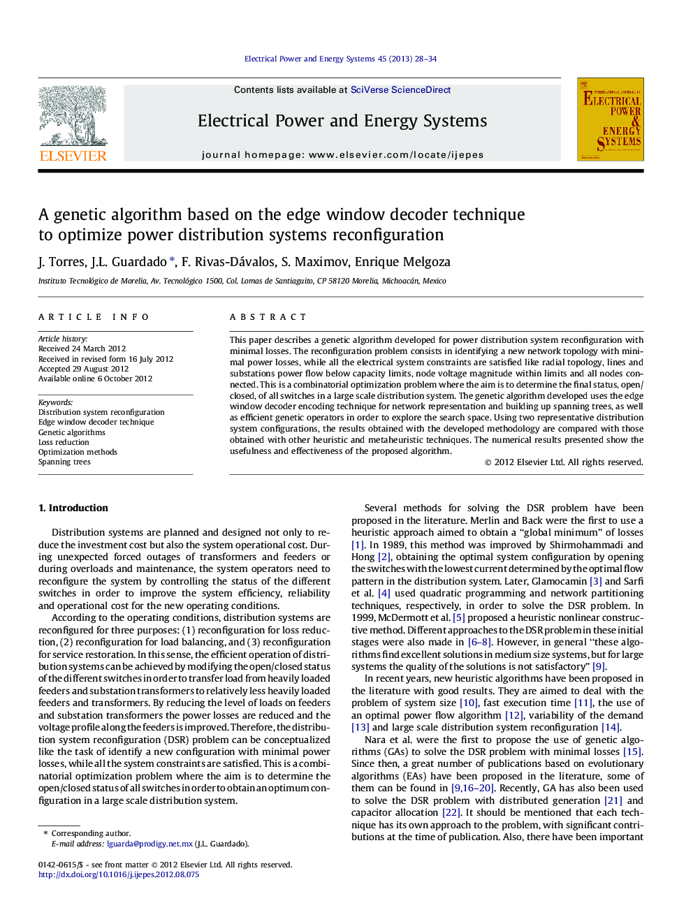 A genetic algorithm based on the edge window decoder technique to optimize power distribution systems reconfiguration