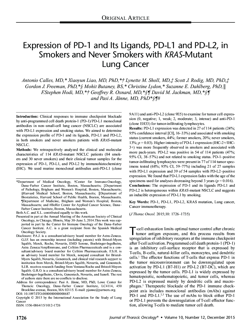 Expression of PD-1 and Its Ligands, PD-L1 and PD-L2, in Smokers and Never Smokers with KRAS-Mutant Lung Cancer 