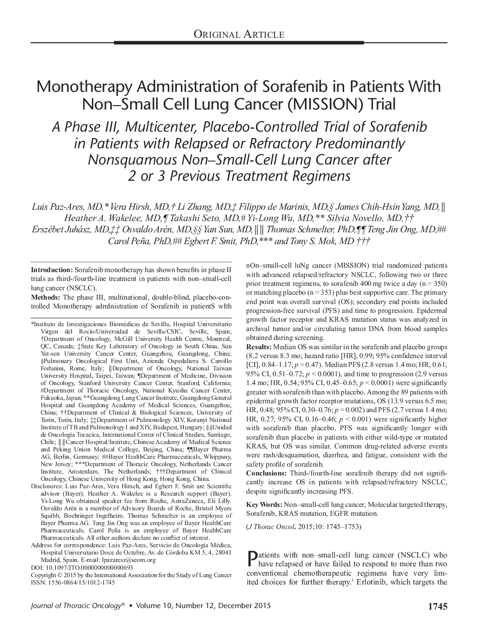 Monotherapy Administration of Sorafenib in Patients With Non–Small Cell Lung Cancer (MISSION) Trial : A Phase III, Multicenter, Placebo-Controlled Trial of Sorafenib in Patients with Relapsed or Refractory Predominantly Nonsquamous Non–Small-Cell Lung Can