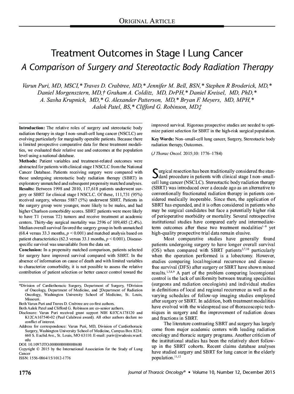 Treatment Outcomes in Stage I Lung Cancer : A Comparison of Surgery and Stereotactic Body Radiation Therapy