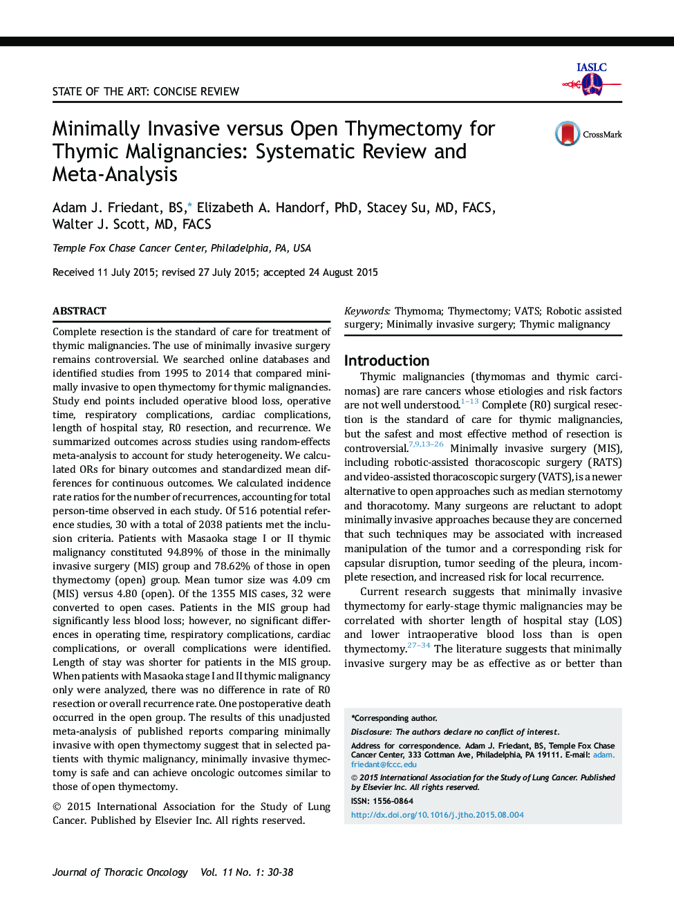 Minimally Invasive versus Open Thymectomy for Thymic Malignancies: Systematic Review and Meta-Analysis 