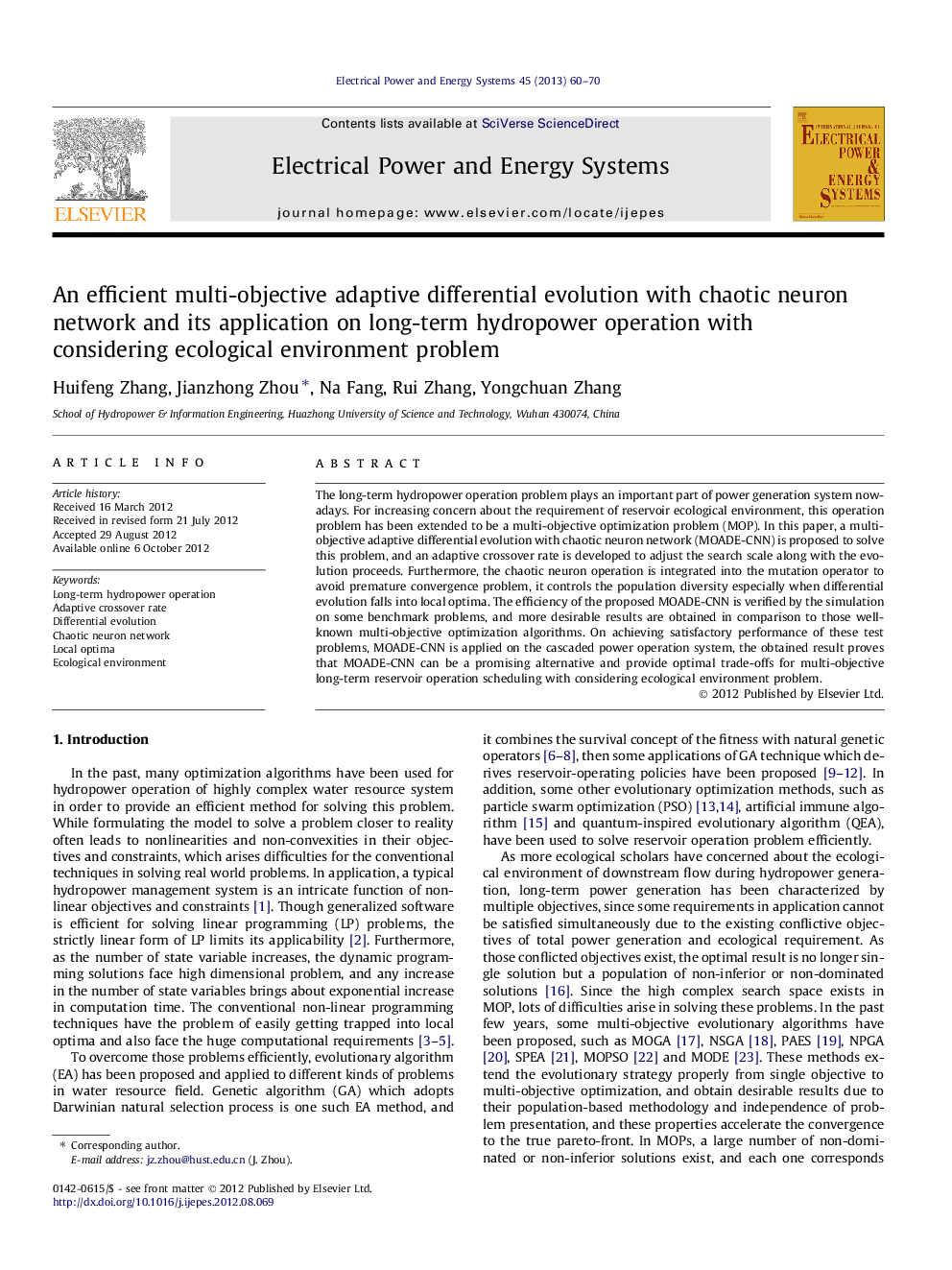 An efficient multi-objective adaptive differential evolution with chaotic neuron network and its application on long-term hydropower operation with considering ecological environment problem