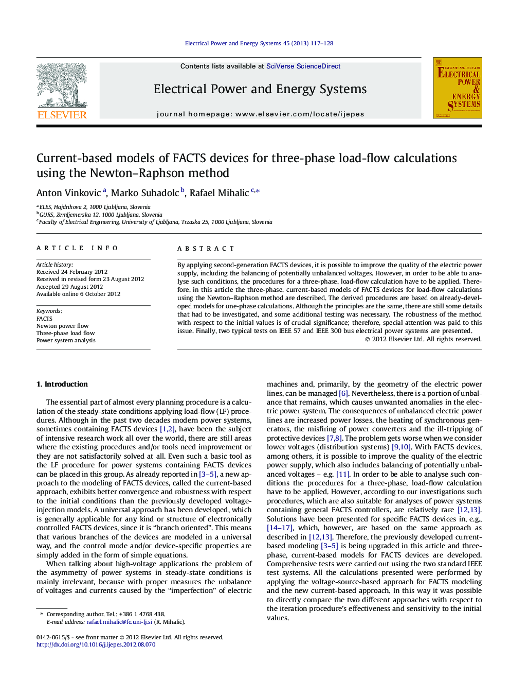 Current-based models of FACTS devices for three-phase load-flow calculations using the Newton–Raphson method