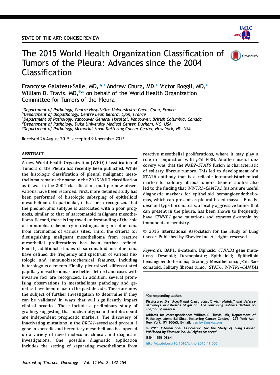 The 2015 World Health Organization Classification of Tumors of the Pleura: Advances since the 2004 Classification 