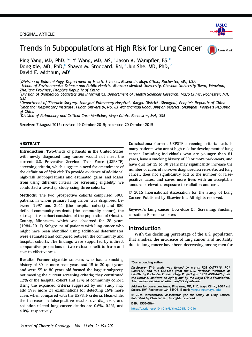 Trends in Subpopulations at High Risk for Lung Cancer 