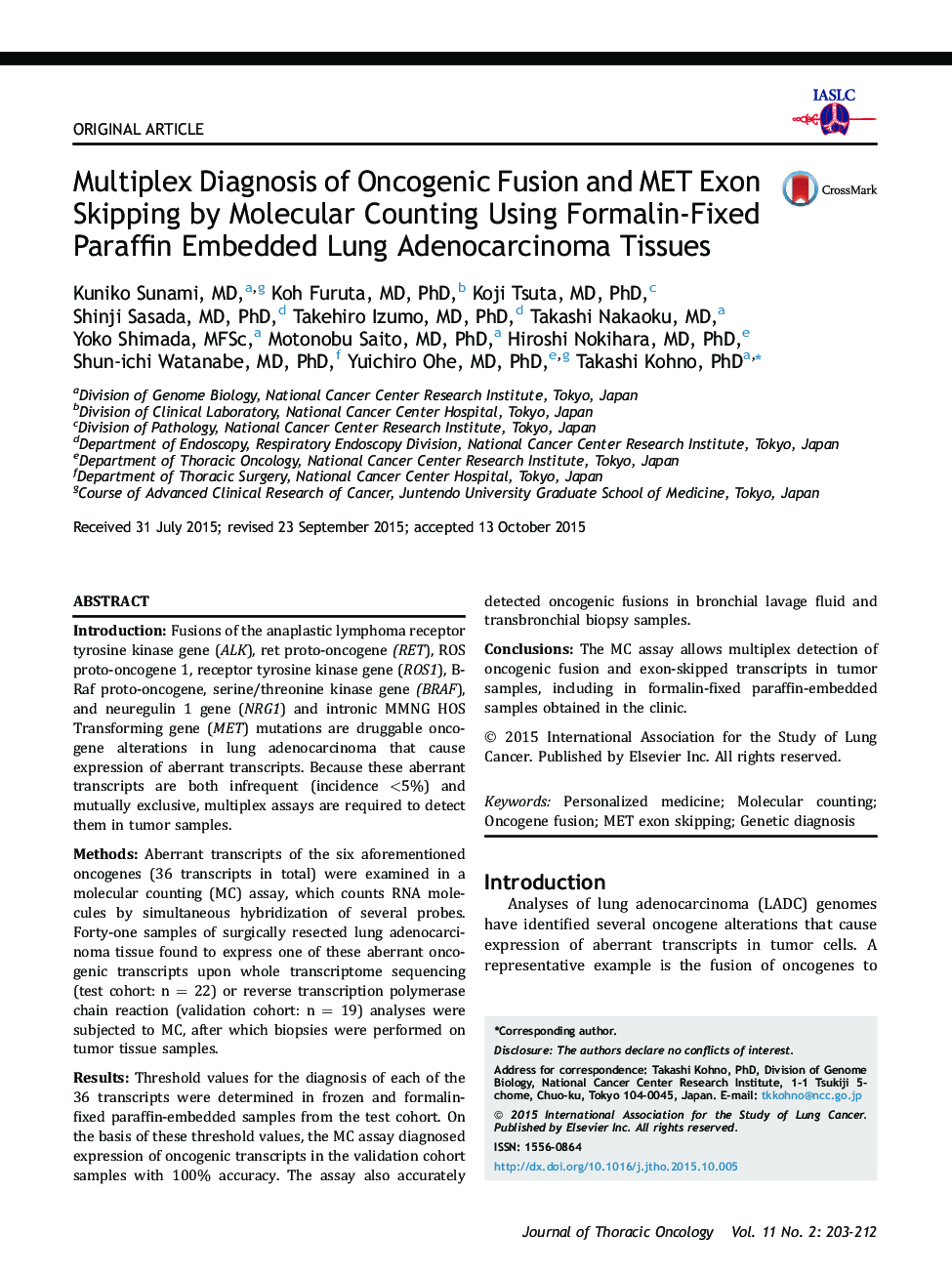 Multiplex Diagnosis of Oncogenic Fusion and MET Exon Skipping by Molecular Counting Using Formalin-Fixed Paraffin Embedded Lung Adenocarcinoma Tissues 