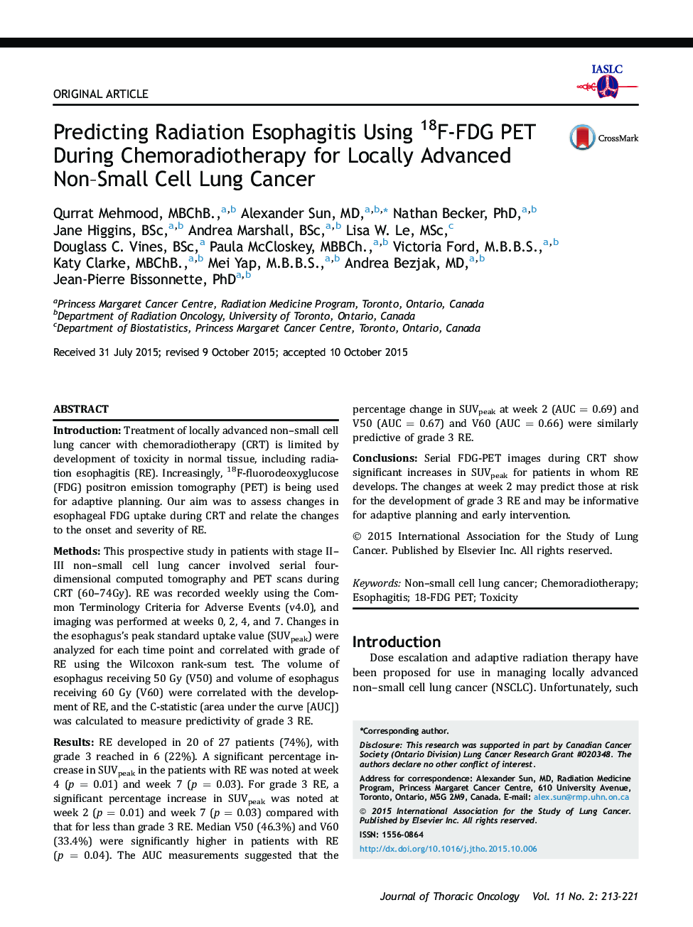 Predicting Radiation Esophagitis Using 18F-FDG PET During Chemoradiotherapy for Locally Advanced Non–Small Cell Lung Cancer 