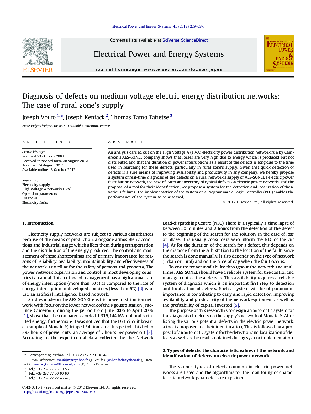 Diagnosis of defects on medium voltage electric energy distribution networks: The case of rural zone’s supply