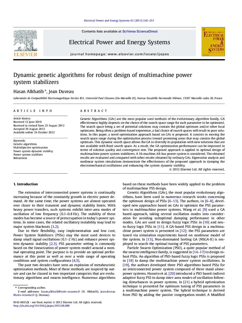 عکس صفحه اول مقاله: Dynamic genetic algorithms for robust design of multimachine power system stabilizers Dynamic genetic algorithms for robust design of multimachine power system stabilizers