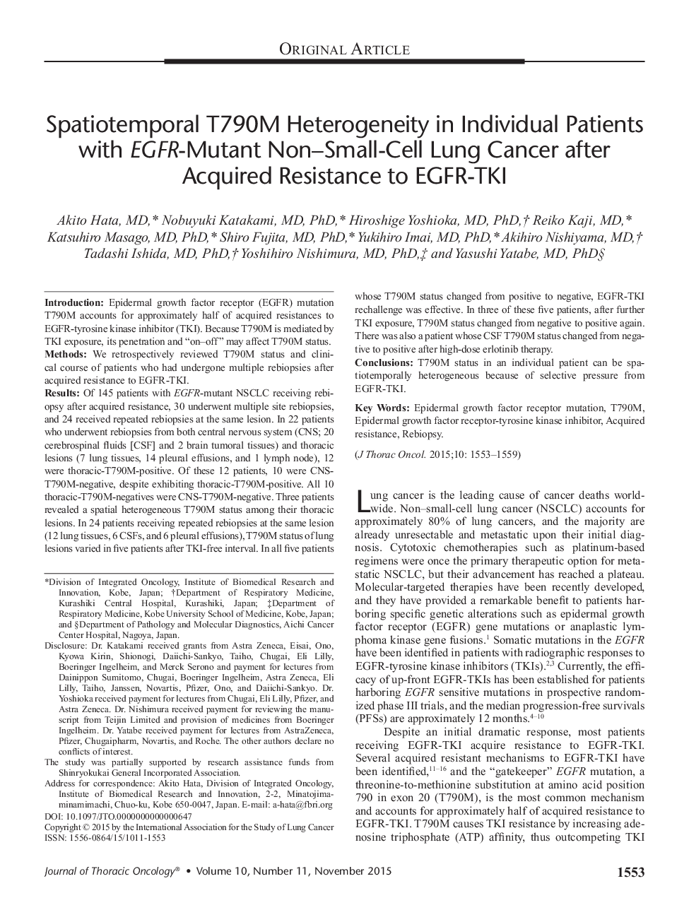 Spatiotemporal T790M Heterogeneity in Individual Patients with EGFR-Mutant Non–Small-Cell Lung Cancer after Acquired Resistance to EGFR-TKI 