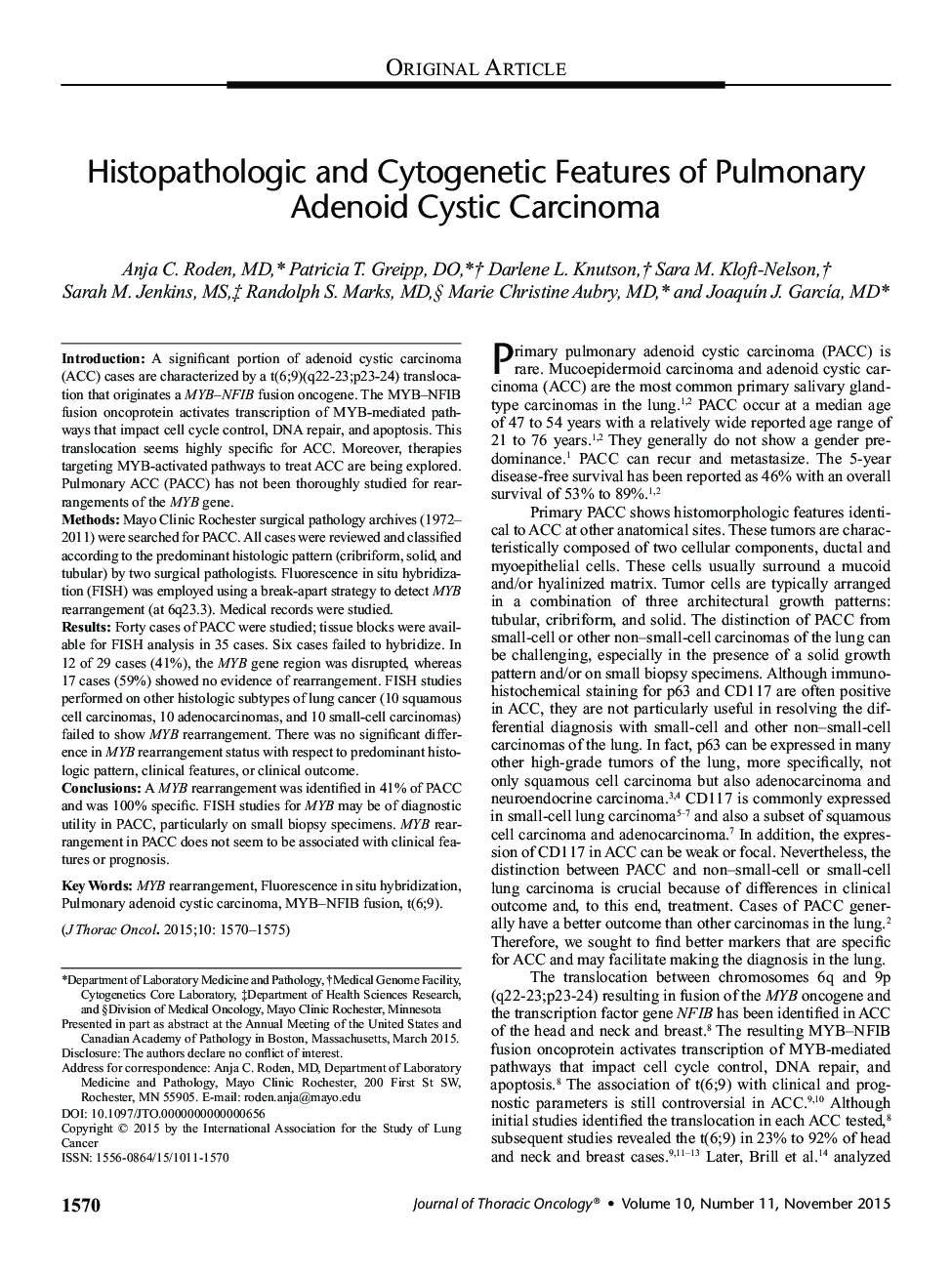 Histopathologic and Cytogenetic Features of Pulmonary Adenoid Cystic Carcinoma 