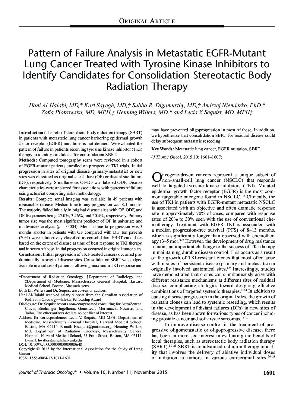 Pattern of Failure Analysis in Metastatic EGFR-Mutant Lung Cancer Treated with Tyrosine Kinase Inhibitors to Identify Candidates for Consolidation Stereotactic Body Radiation Therapy