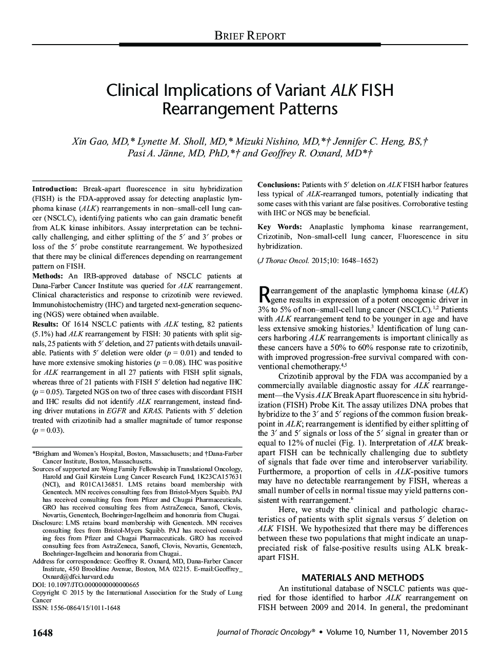 Clinical Implications of Variant ALK FISH Rearrangement Patterns 