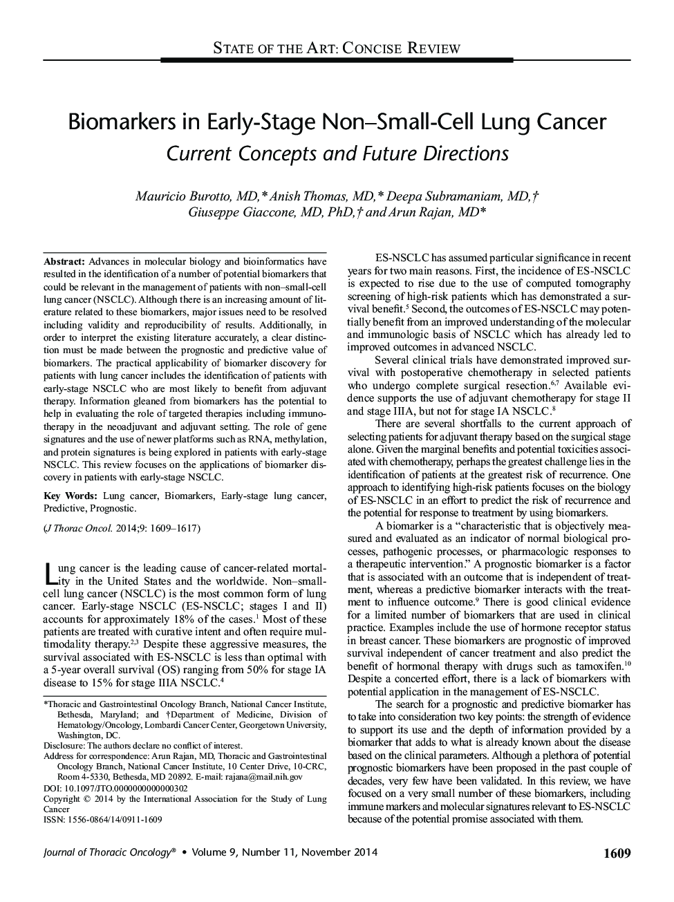 Biomarkers in Early-Stage Non–Small-Cell Lung Cancer: Current Concepts and Future Directions 