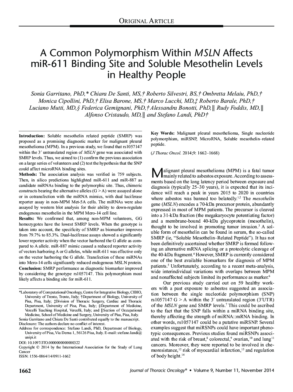 A Common Polymorphism Within MSLN Affects miR-611 Binding Site and Soluble Mesothelin Levels in Healthy People 