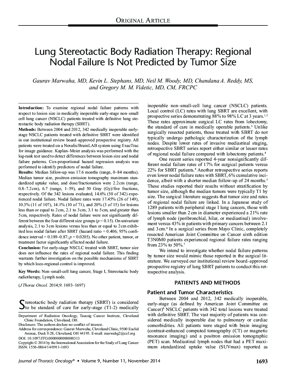 Lung Stereotactic Body Radiation Therapy: Regional Nodal Failure Is Not Predicted by Tumor Size 