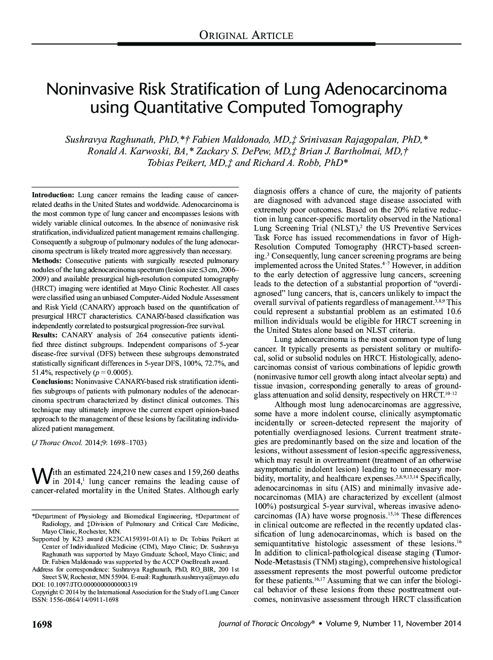 Noninvasive Risk Stratification of Lung Adenocarcinoma using Quantitative Computed Tomography 