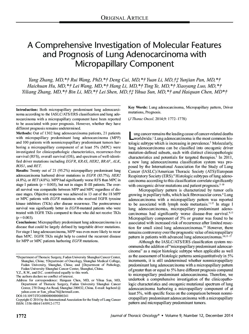 A Comprehensive Investigation of Molecular Features and Prognosis of Lung Adenocarcinoma with Micropapillary Component 