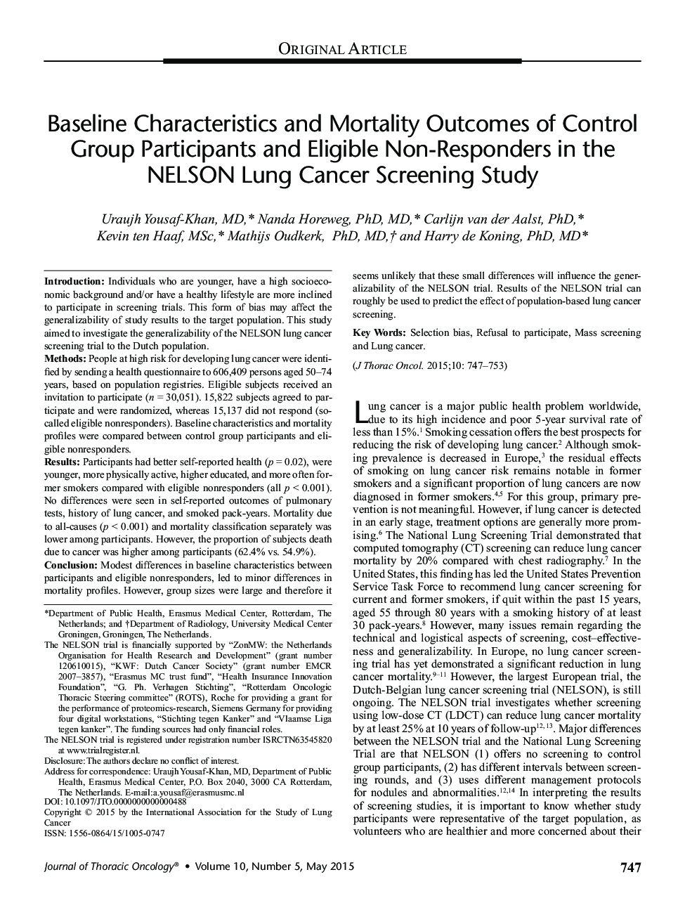 Baseline Characteristics and Mortality Outcomes of Control Group Participants and Eligible Non-Responders in the NELSON Lung Cancer Screening Study 