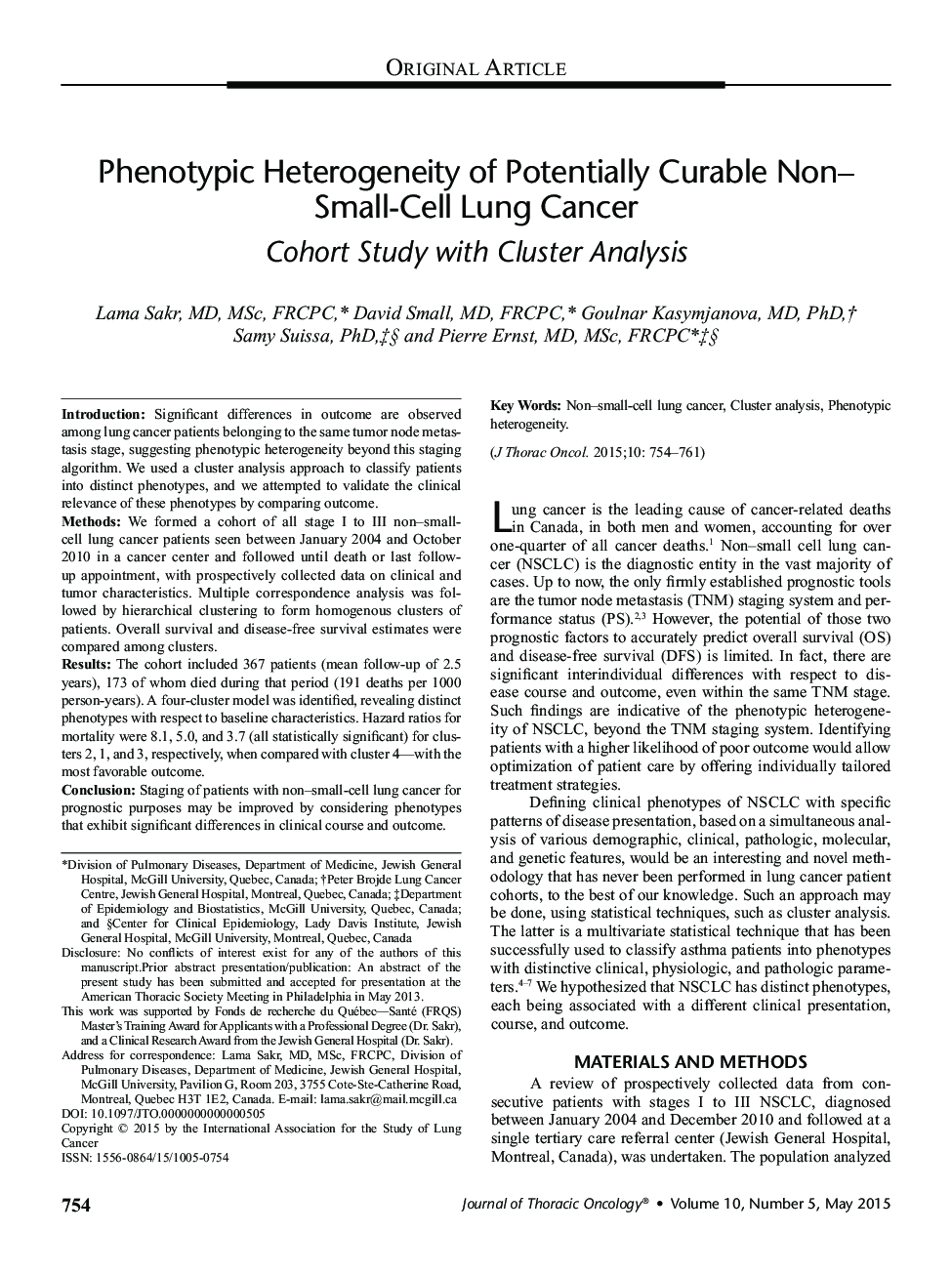 Phenotypic Heterogeneity of Potentially Curable Non–Small-Cell Lung Cancer: Cohort Study with Cluster Analysis 