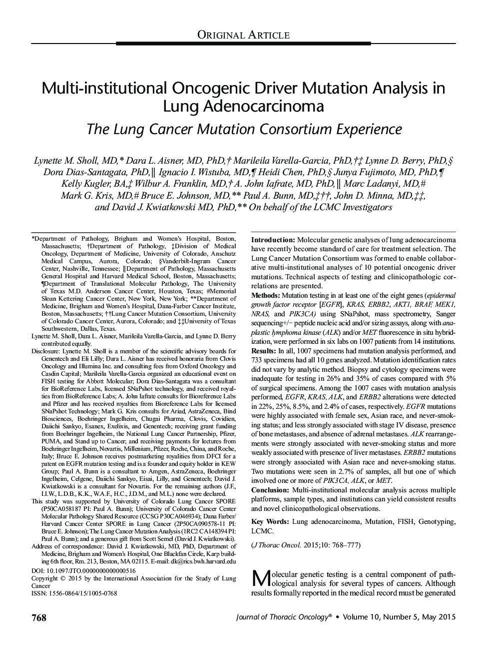 Multi-institutional Oncogenic Driver Mutation Analysis in Lung Adenocarcinoma: The Lung Cancer Mutation Consortium Experience 