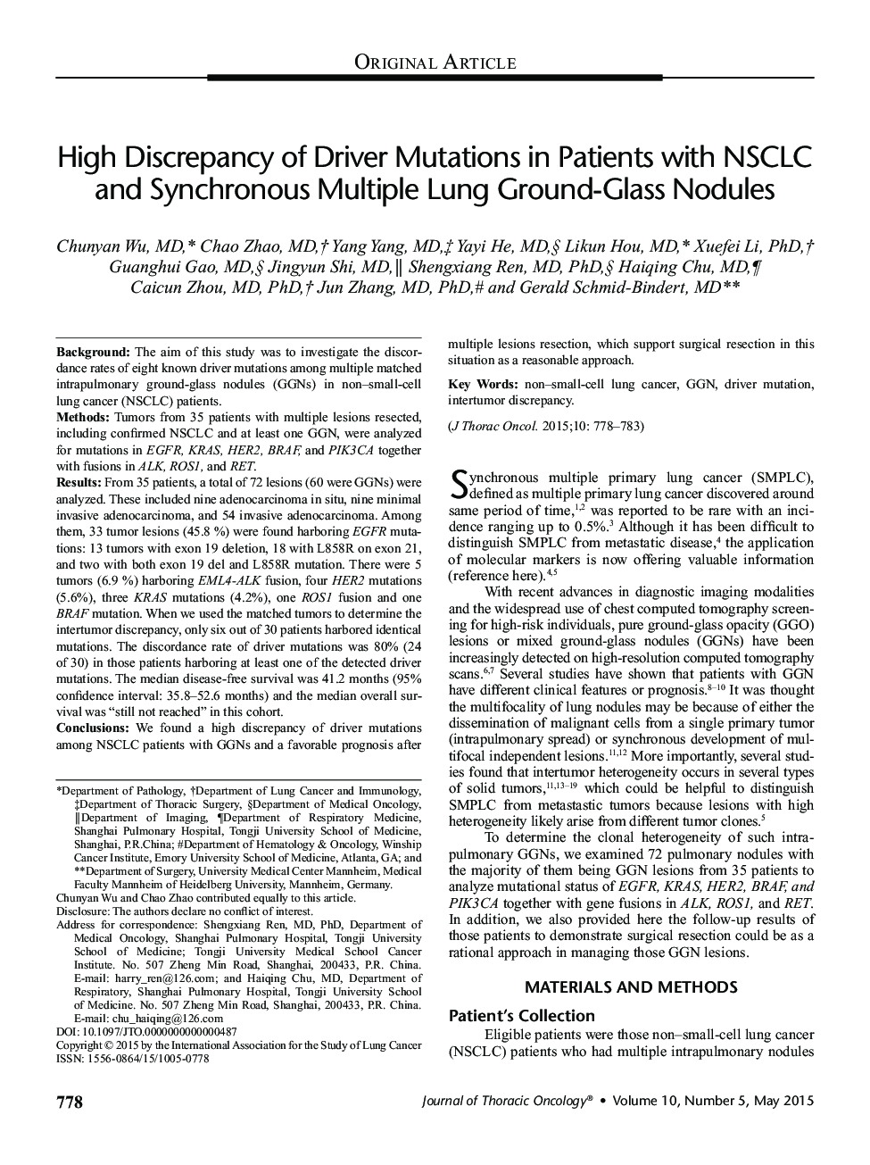 High Discrepancy of Driver Mutations in Patients with NSCLC and Synchronous Multiple Lung Ground-Glass Nodules 