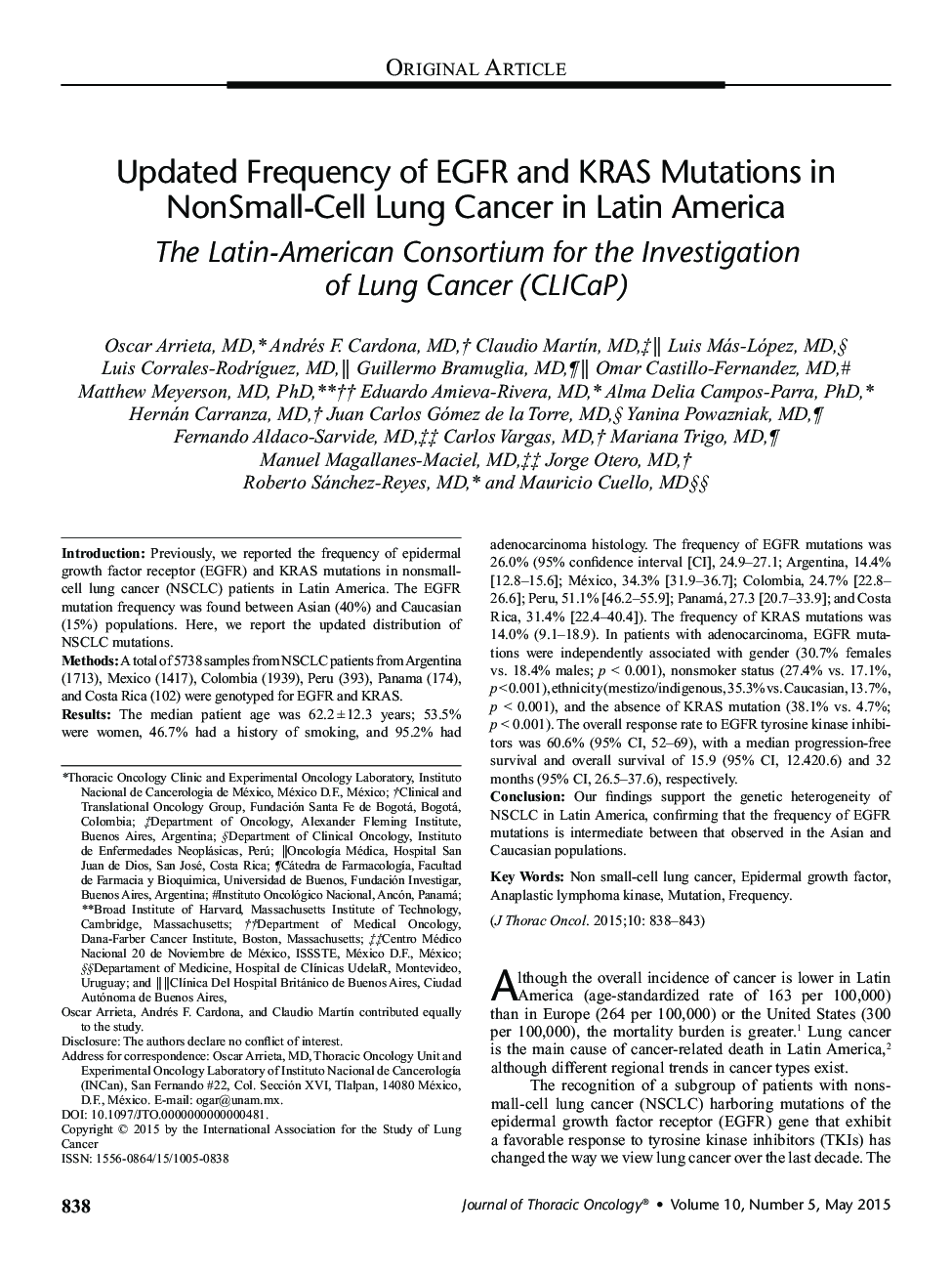 Updated Frequency of EGFR and KRAS Mutations in NonSmall-Cell Lung Cancer in Latin America: The Latin-American Consortium for the Investigation of Lung Cancer (CLICaP) 