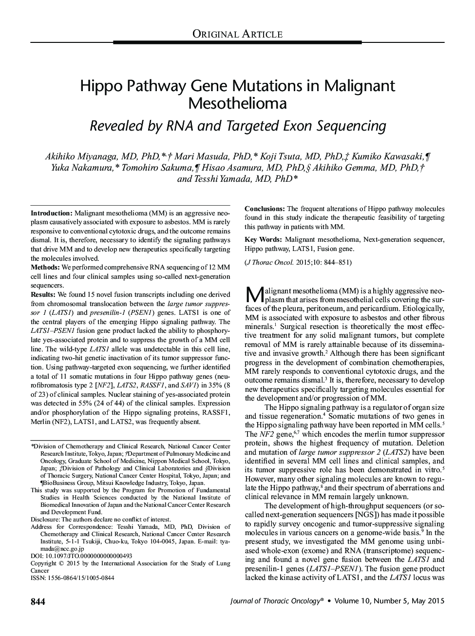 Hippo Pathway Gene Mutations in Malignant Mesothelioma: Revealed by RNA and Targeted Exon Sequencing 