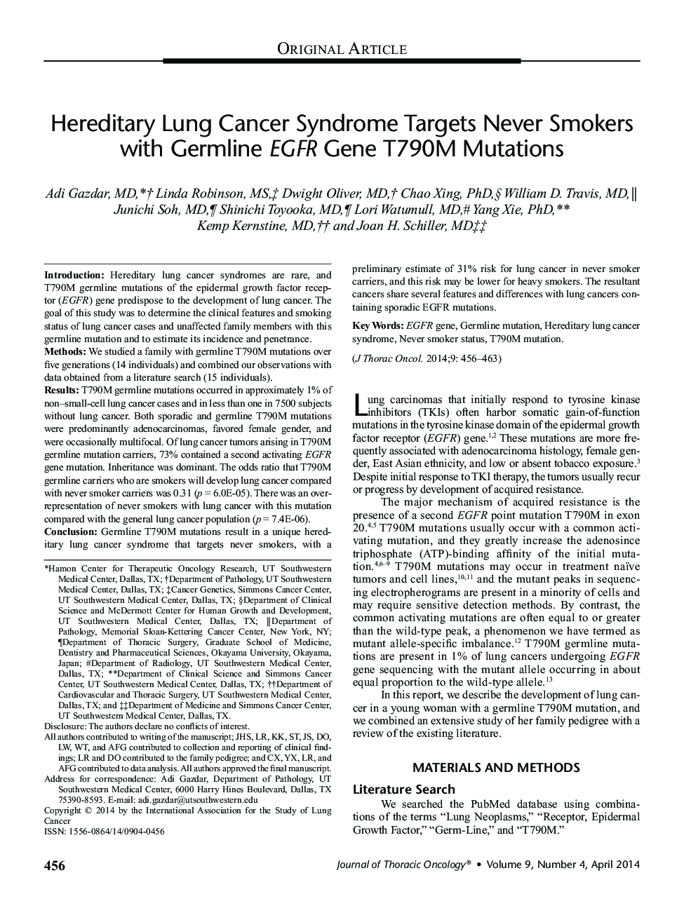 Hereditary Lung Cancer Syndrome Targets Never Smokers with Germline EGFR Gene T790M Mutations 