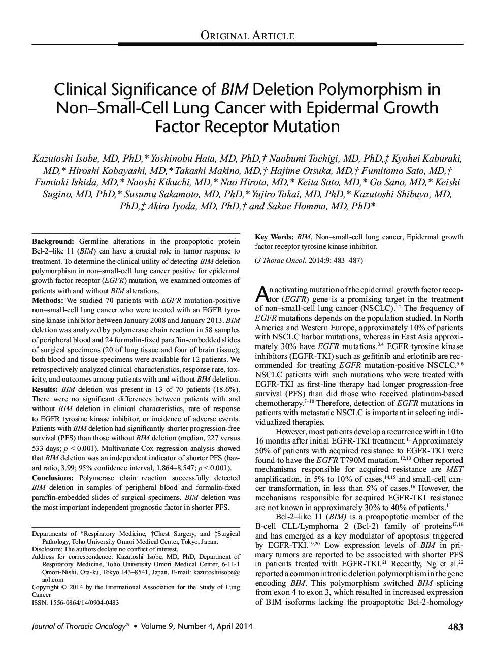 Clinical Significance of BIM Deletion Polymorphism in Non–Small-Cell Lung Cancer with Epidermal Growth Factor Receptor Mutation 