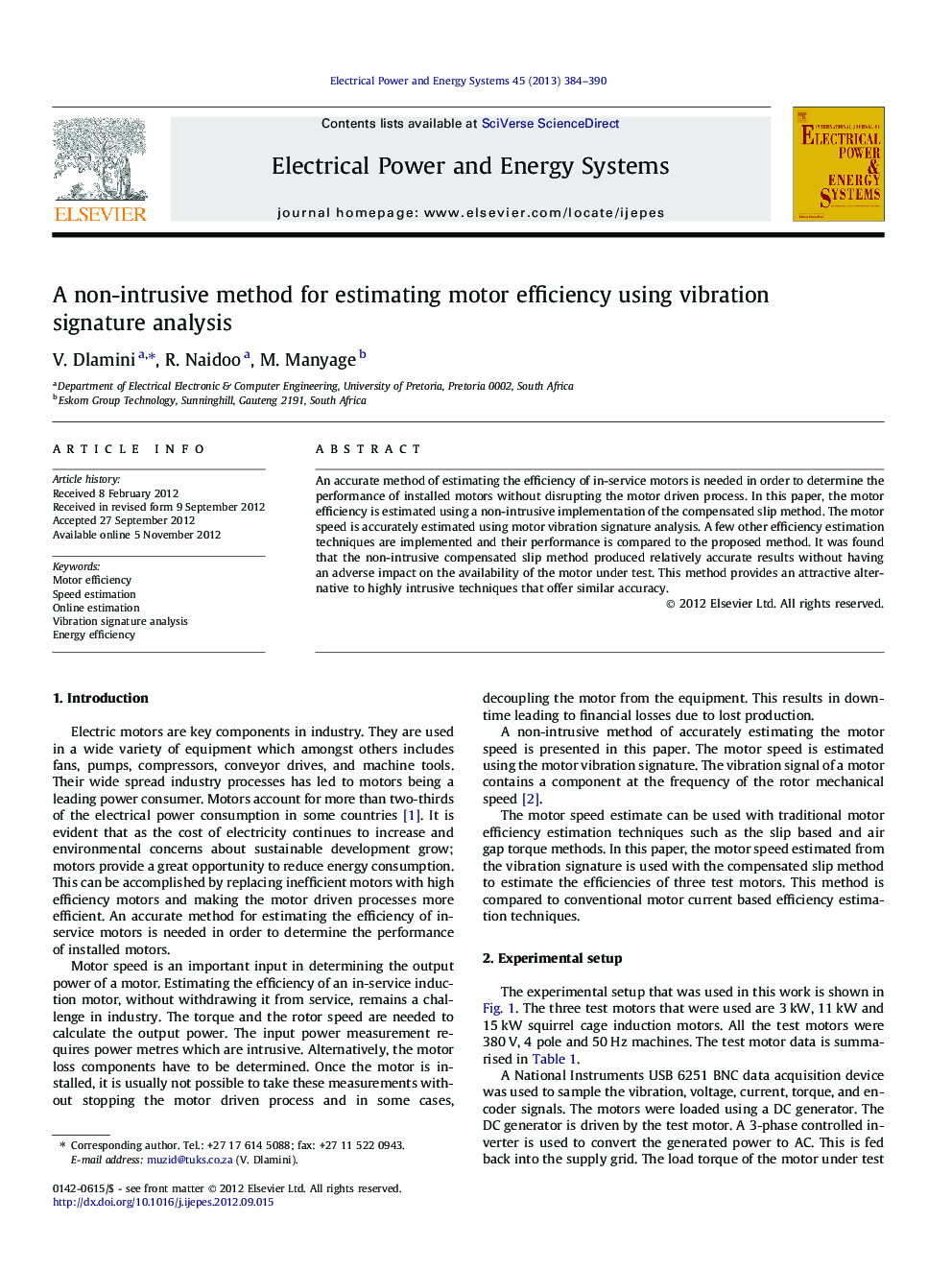 A non-intrusive method for estimating motor efficiency using vibration signature analysis