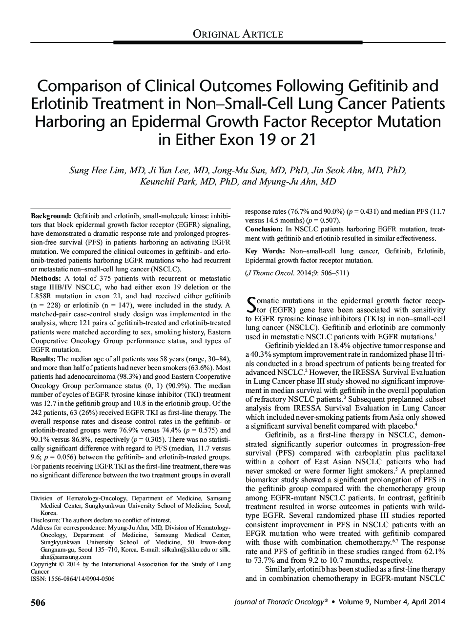 Comparison of Clinical Outcomes Following Gefitinib and Erlotinib Treatment in Non–Small-Cell Lung Cancer Patients Harboring an Epidermal Growth Factor Receptor Mutation in Either Exon 19 or 21 