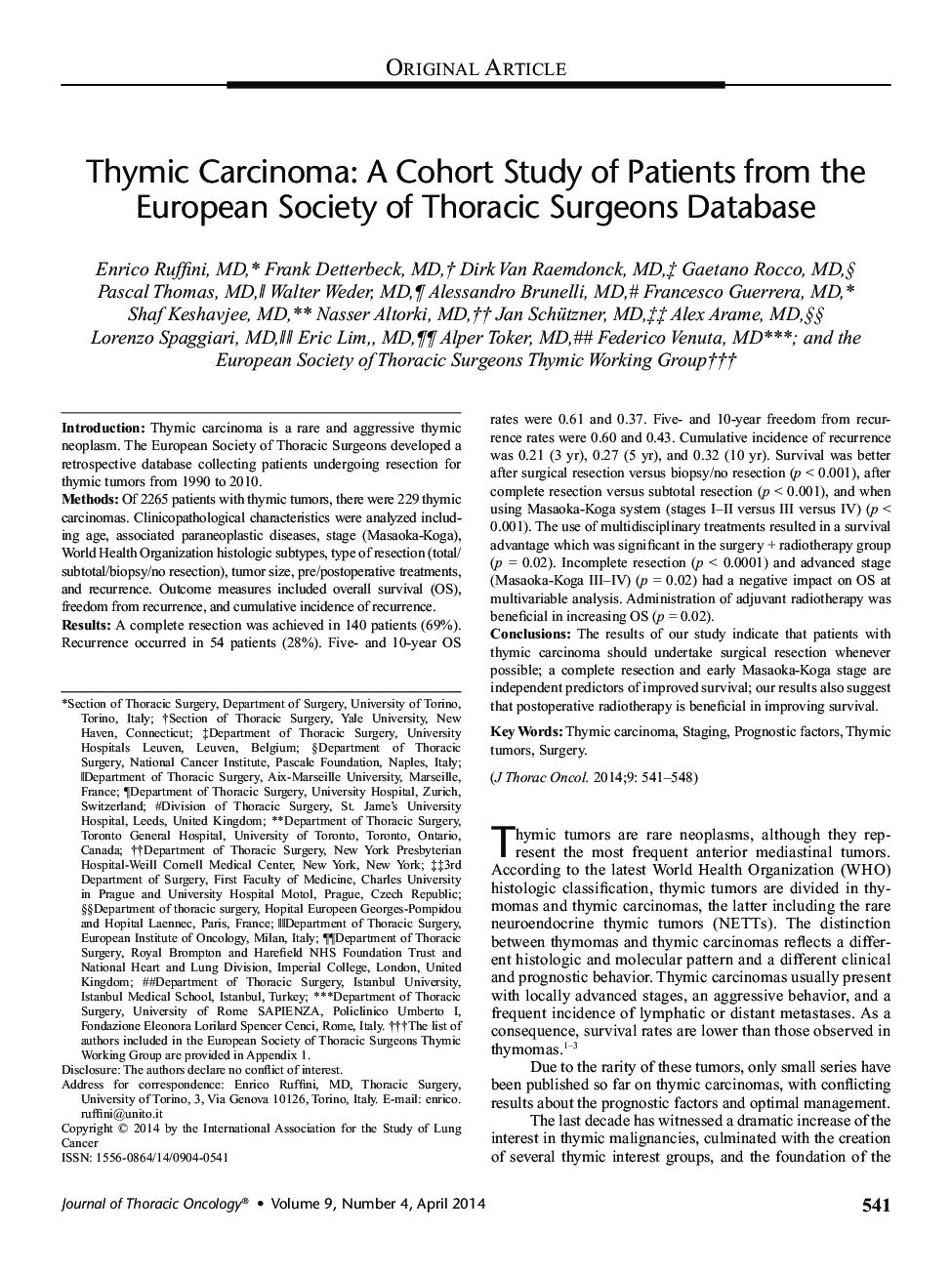 Thymic Carcinoma: A Cohort Study of Patients from the European Society of Thoracic Surgeons Database 