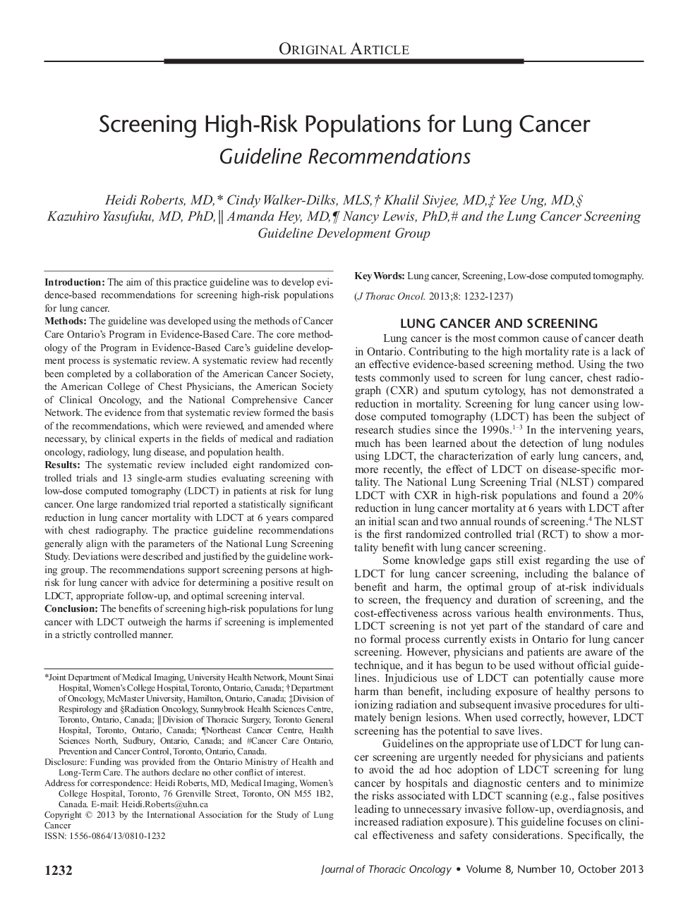 Screening High-Risk Populations for Lung Cancer: Guideline Recommendations 