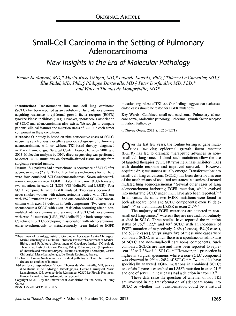 Small-Cell Carcinoma in the Setting of Pulmonary Adenocarcinoma: New Insights in the Era of Molecular Pathology 