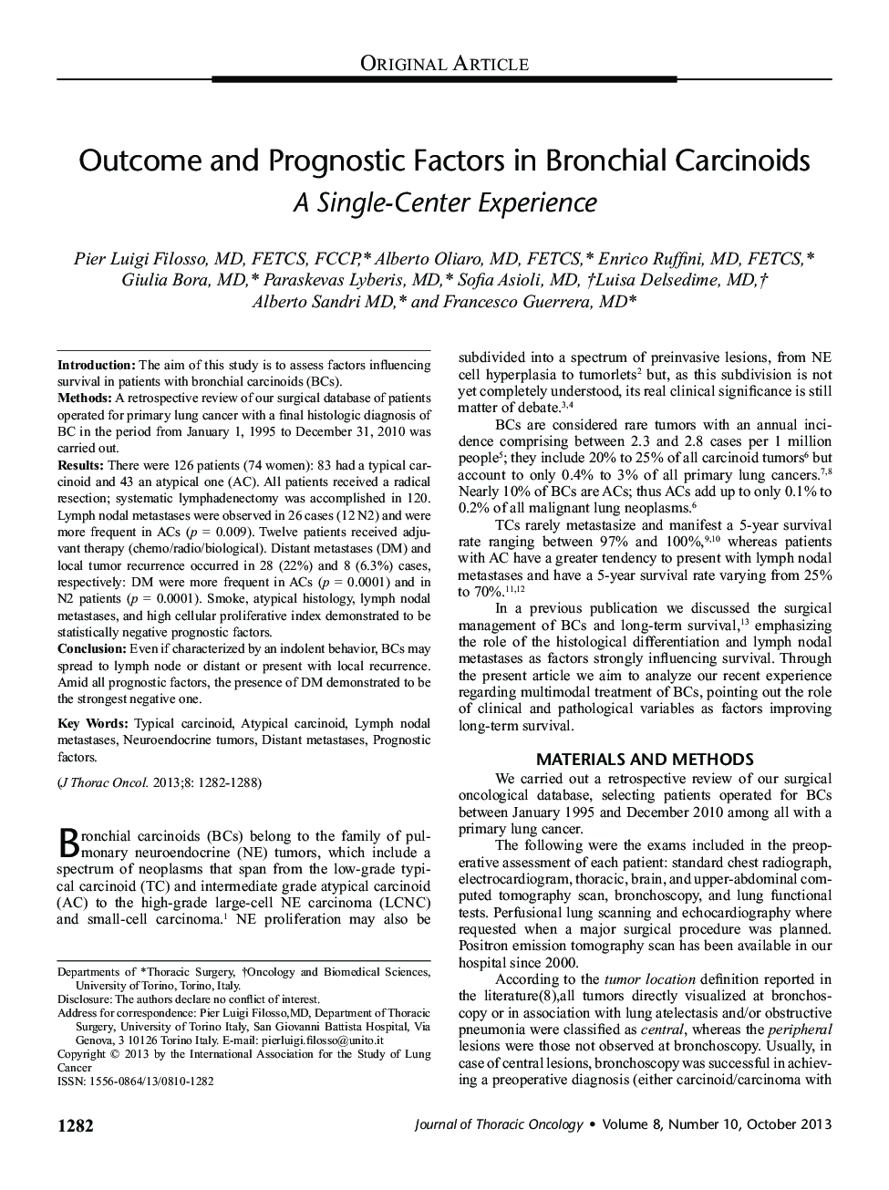 Outcome and Prognostic Factors in Bronchial Carcinoids: A Single-Center Experience 