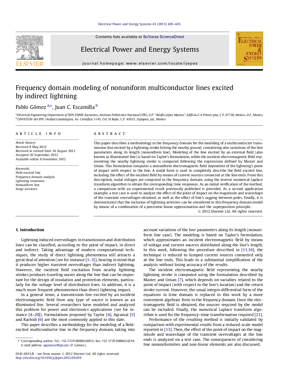 عکس صفحه اول مقاله: Frequency domain modeling of nonuniform multiconductor lines excited by indirect lightning Frequency domain modeling of nonuniform multiconductor lines excited by indirect lightning