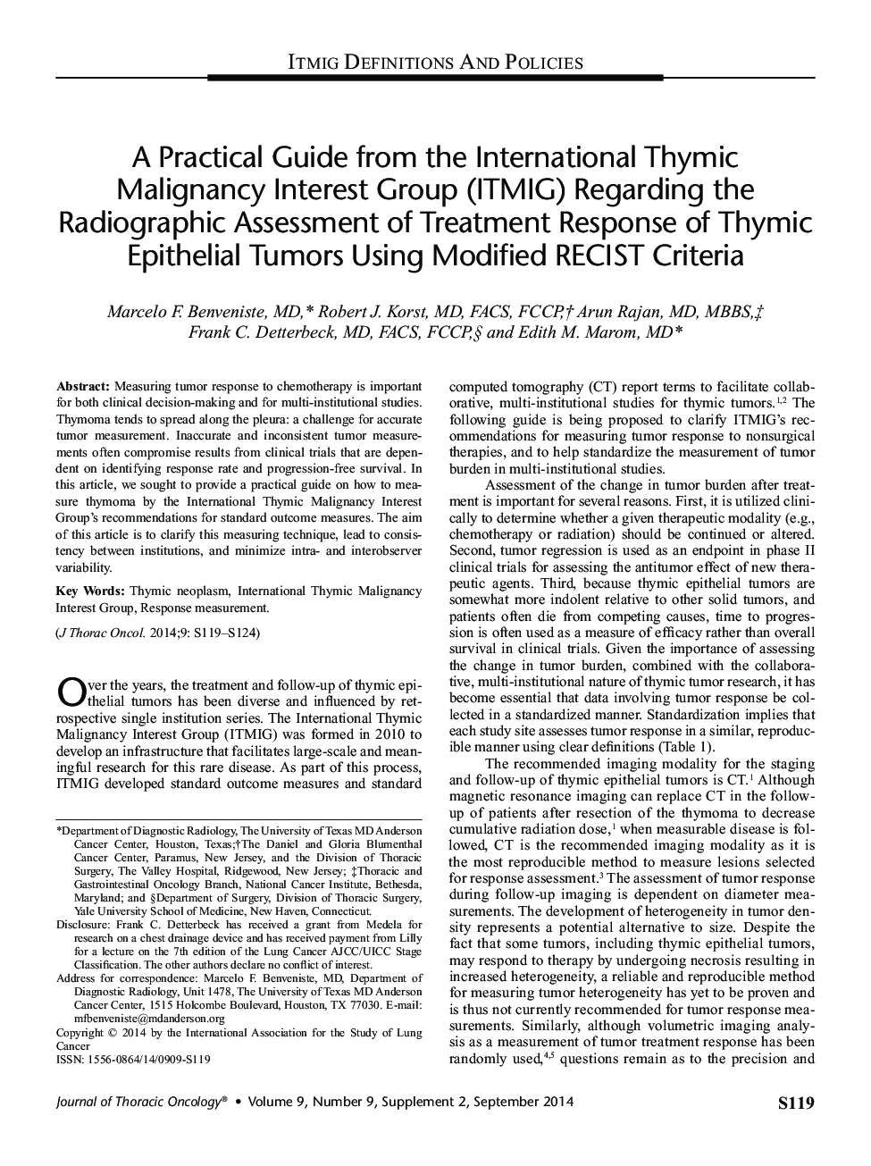 A Practical Guide from the International Thymic Malignancy Interest Group (ITMIG) Regarding the Radiographic Assessment of Treatment Response of Thymic Epithelial Tumors Using Modified RECIST Criteria 