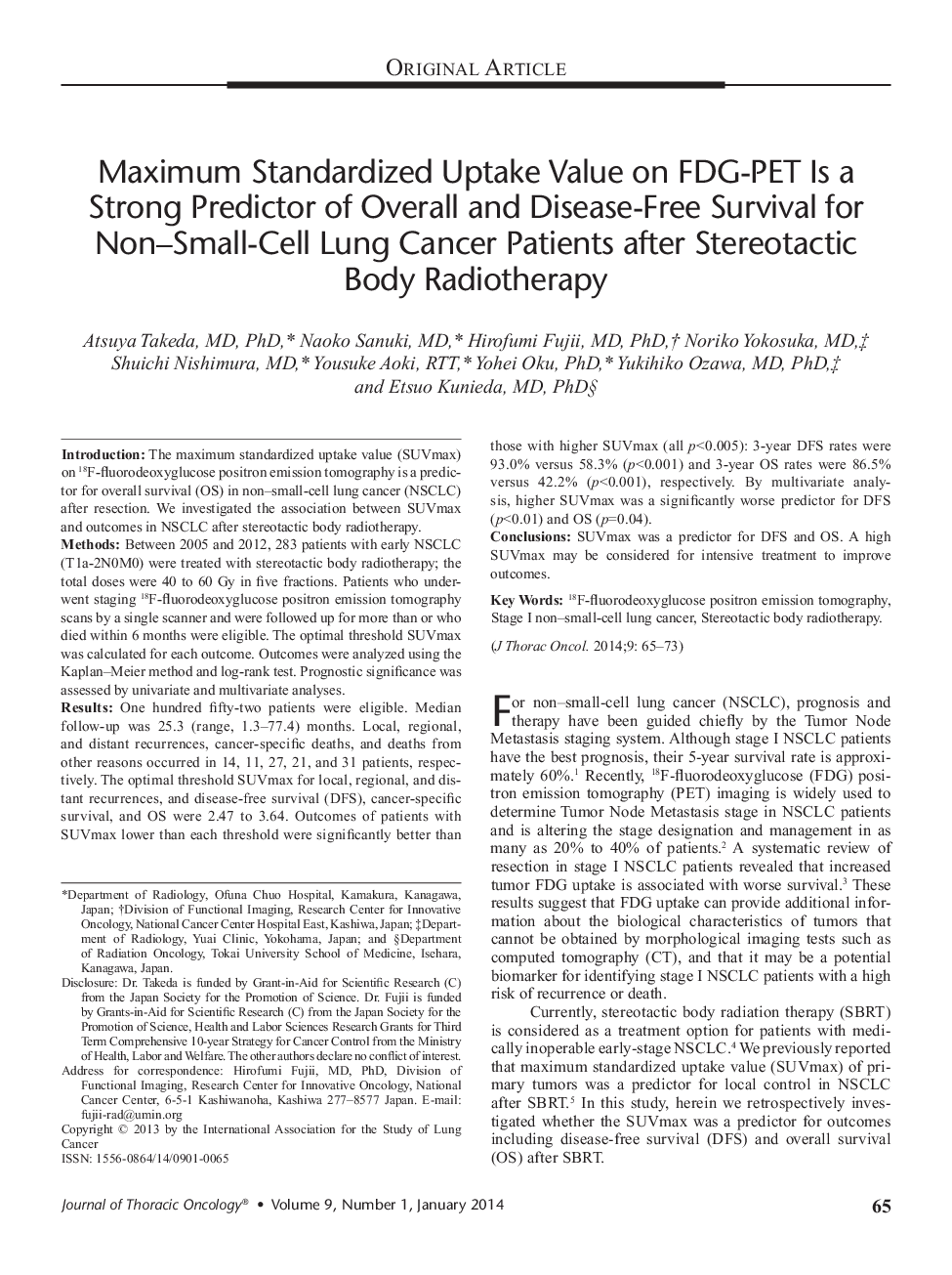 Maximum Standardized Uptake Value on FDG-PET Is a Strong Predictor of Overall and Disease-Free Survival for Non–Small-Cell Lung Cancer Patients after Stereotactic Body Radiotherapy 