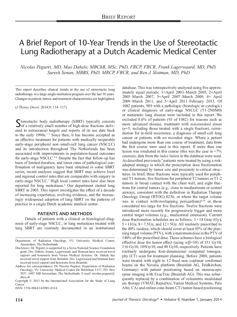 A Brief Report of 10-Year Trends in the Use of Stereotactic Lung Radiotherapy at a Dutch Academic Medical Center 