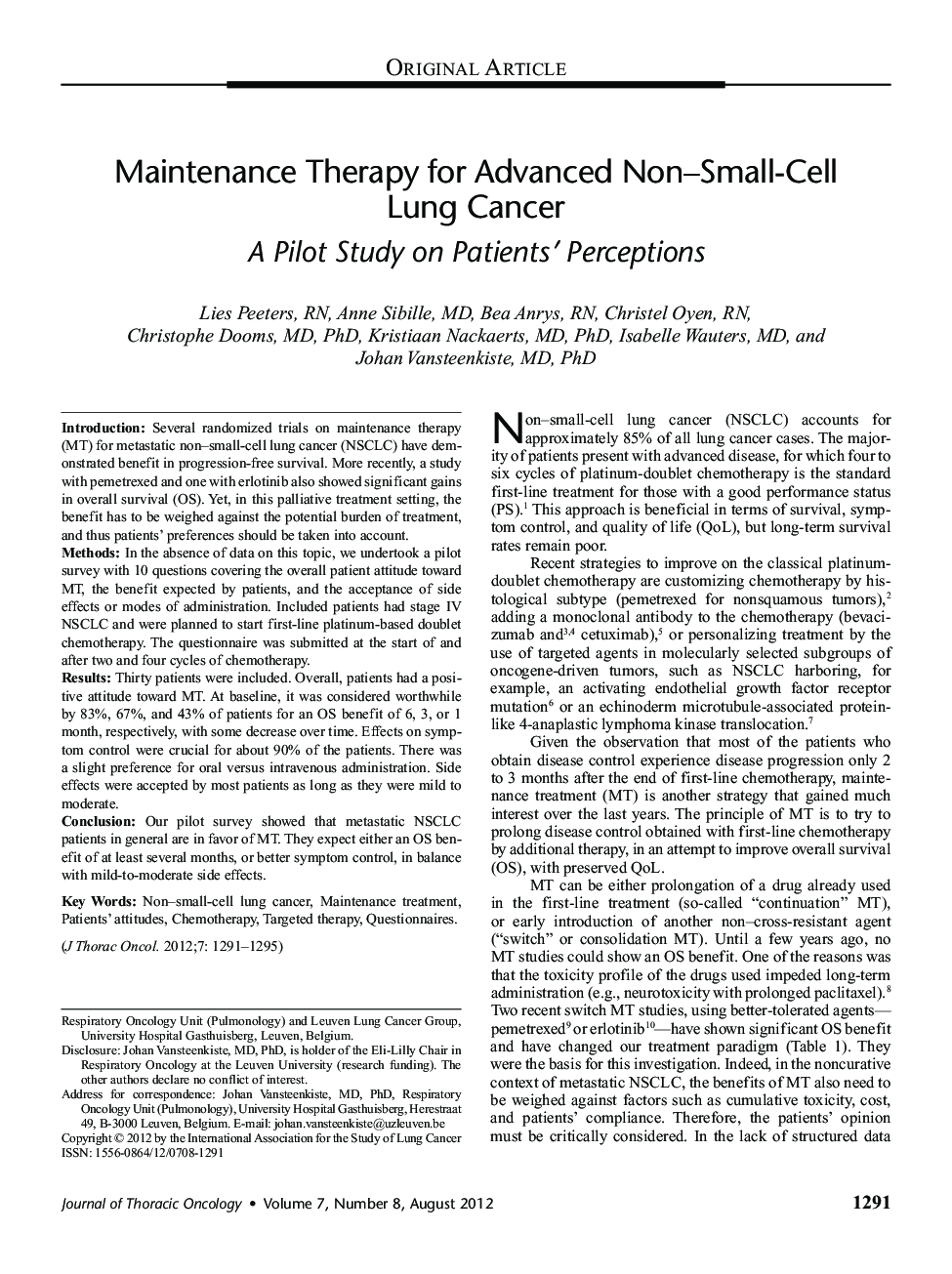 Maintenance Therapy for Advanced Non–Small-Cell Lung Cancer: A Pilot Study on Patients’ Perceptions 