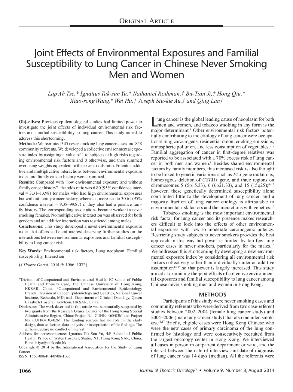 Joint Effects of Environmental Exposures and Familial Susceptibility to Lung Cancer in Chinese Never Smoking Men and Women 