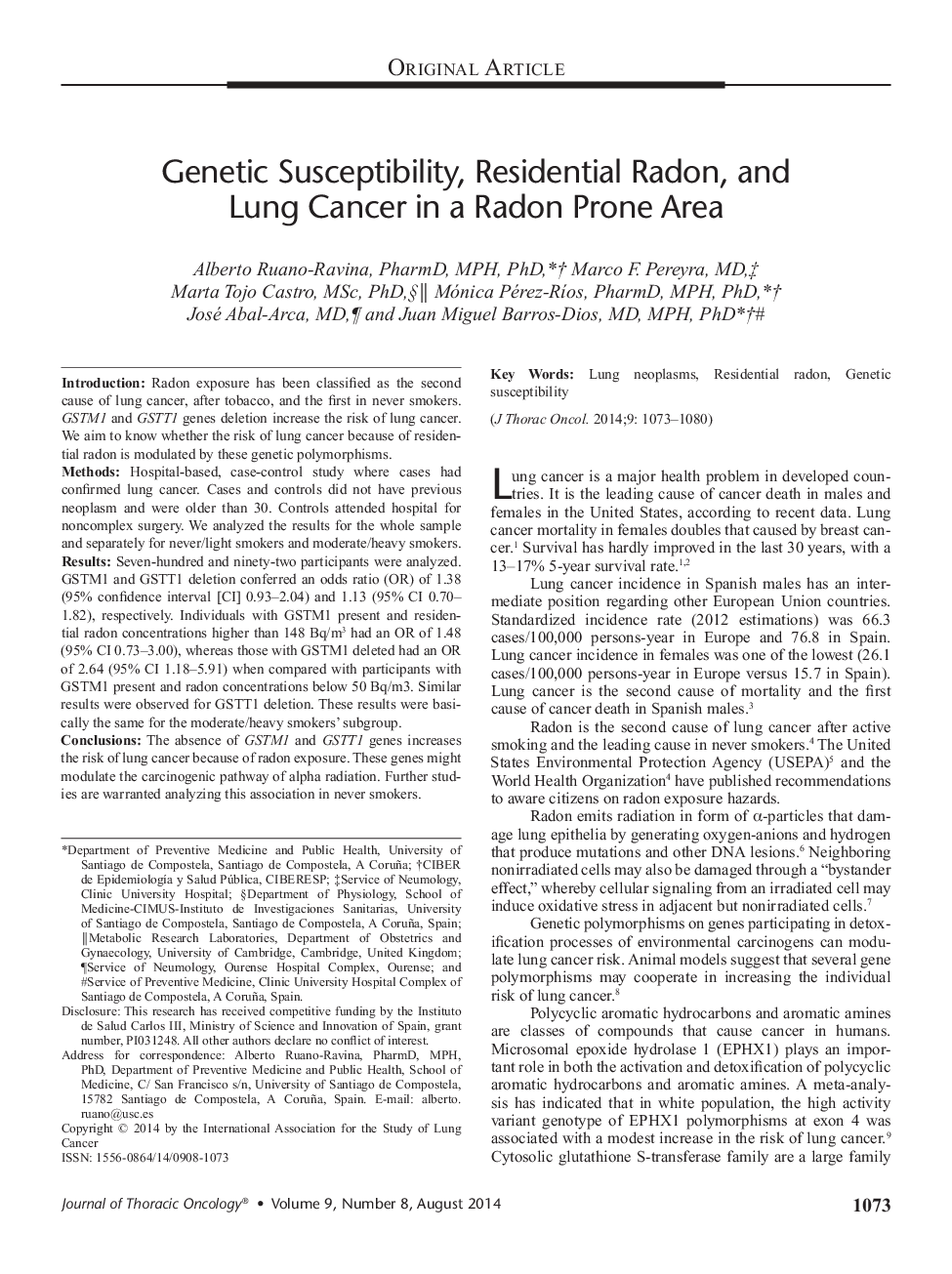 Genetic Susceptibility, Residential Radon, and Lung Cancer in a Radon Prone Area 