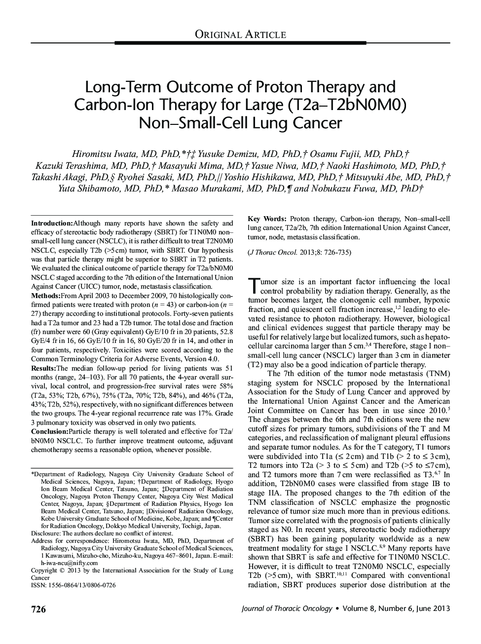 Long-Term Outcome of Proton Therapy and Carbon-Ion Therapy for Large (T2a–T2bN0M0) Non–Small-Cell Lung Cancer 